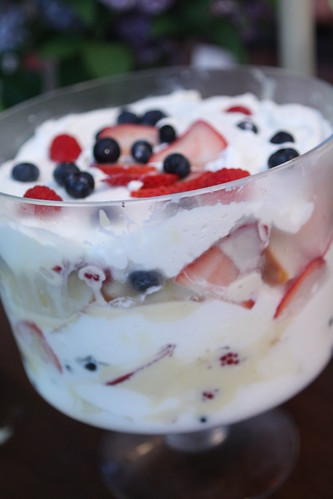 Mixed Berry Trifle with Whipped Cream, Angel Food Cake, and Creme Anglais