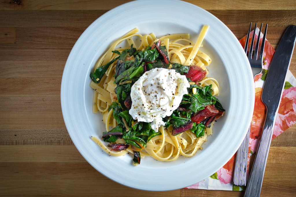 wilted greens and pasta with a poached egg in a browned lemon butter sauce | things i made today