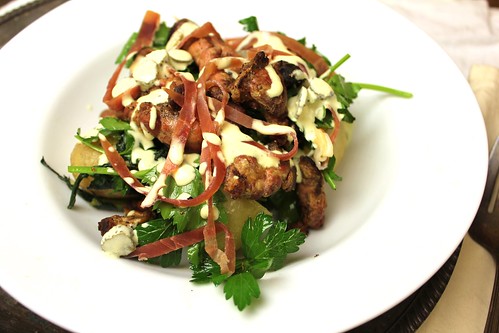 Grilled Lamb Sweetbreads with Dandelion, Parsley and Mint Salad and Mustard-Cream dressing