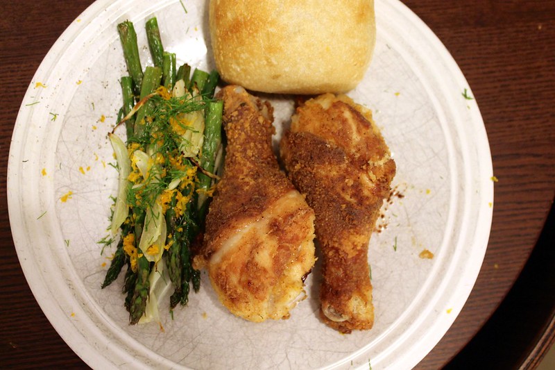 fried chicken drumsticks with roasted asparagus