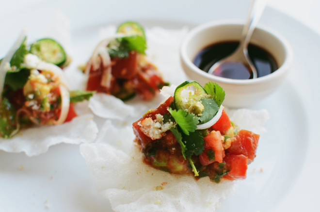 spicy tuna on a crispy rice paper shell