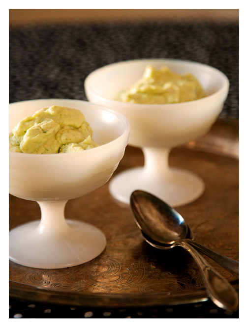 Two Servings of Pineapple Pistachio Basil Ice Cream in Vintage Compote Dishes