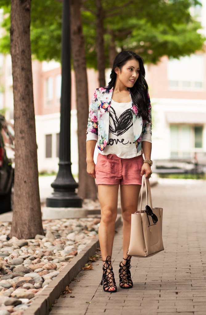 cute & little blog | petite fashion | floral cropped blazer, love graphic tee, pink shorts, lace up sandals | spring casual fashion