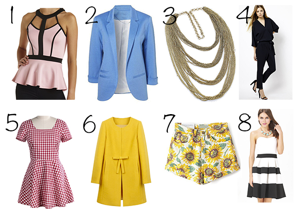 spring summer 2014 sheinside wishlist collage trend fashion items, blazer floral shorts jumpsuit, cheap online clothing