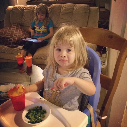 Hey Lucy, what do you want for breakfast? "Broccoli!" I couldn't think of a reason to say no. So ok, weirdo, broccoli it is. (Big sister on the iPad photobomb.)