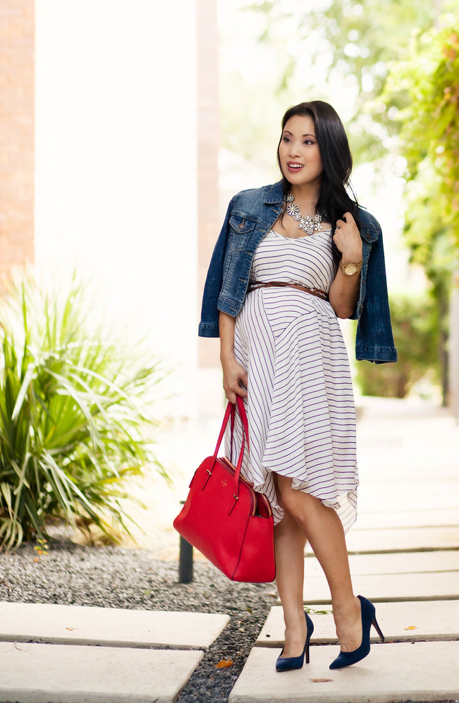 cute & little blog | petite fashion | maternity baby bump pregnant | striped trapeze dress, crystal statement necklace, denim cropped jacket, kate spade red bag | second trimester 23 weeks