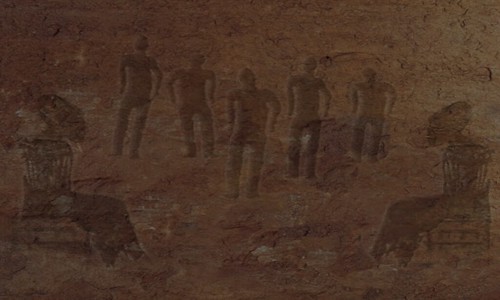 Image Description: Two weird headed figures flanking several humanoid figures.