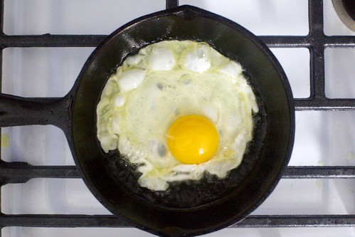 crispy egg, dropped into piping hot skillet