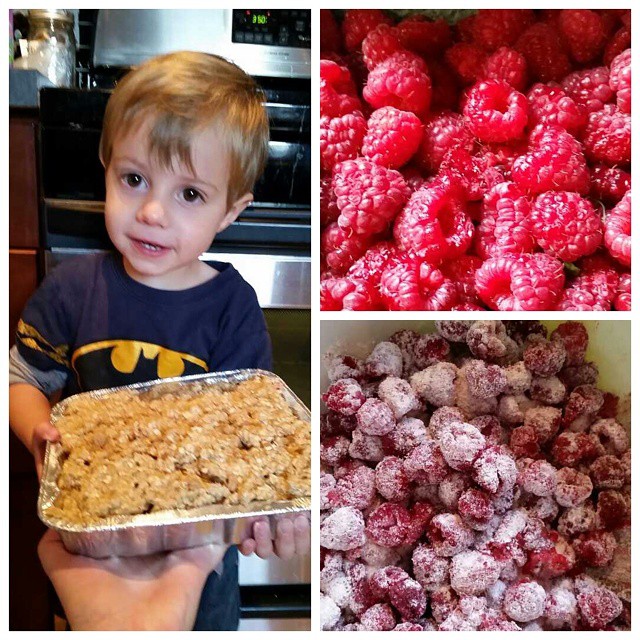 My baker man just helped me make a raspberry crisp from today's Rosby's haul. Kid loves his sweets! #stevensonpartyoffive #THISISCLE