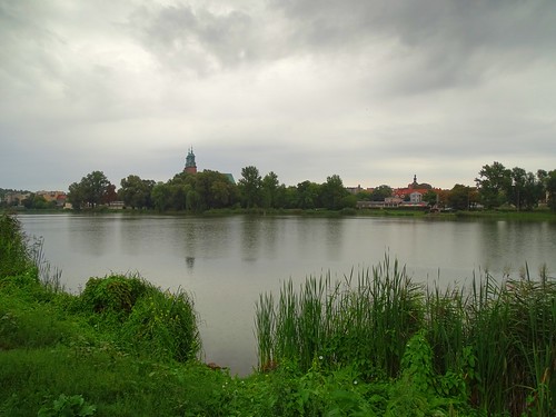 city summer sky lake history church nature water reflections landscape view cathedral poland polska historical gniezno