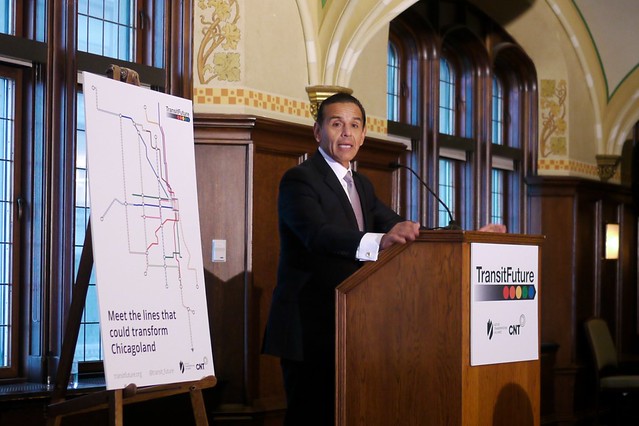 Former LA mayor Antonio Villaraigosa speaking at the Transit Future campaign press conference