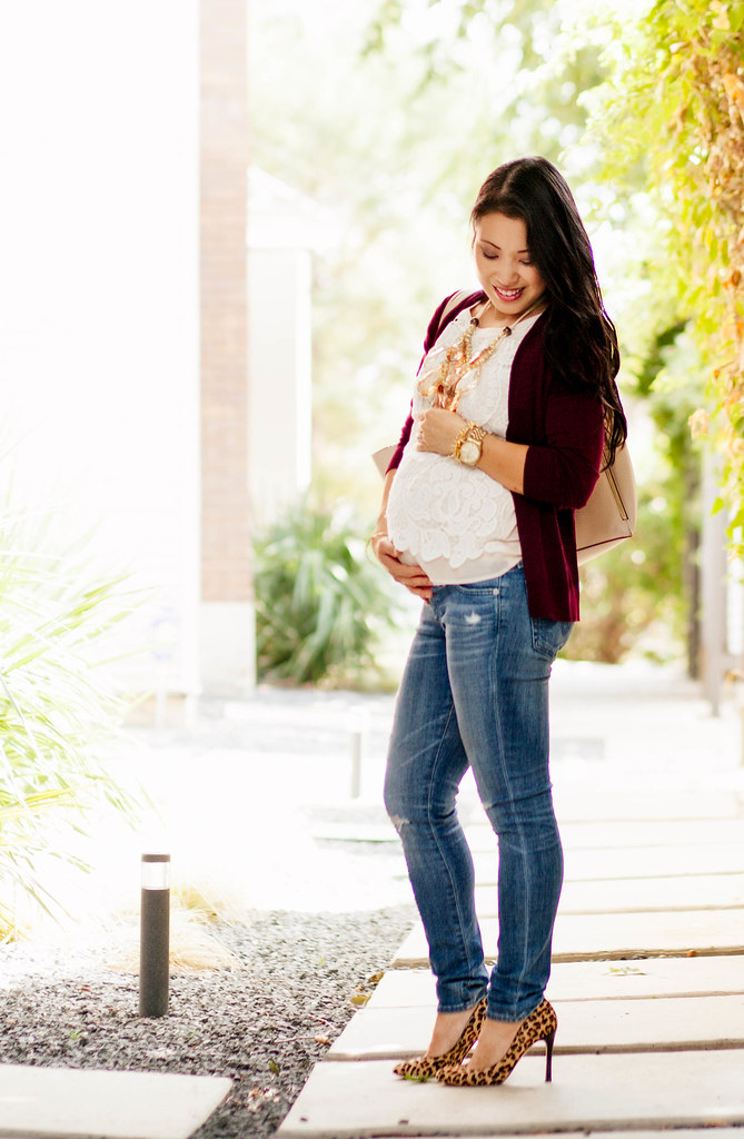 cute & little blog | petite fashion | burgundy cardigan, lace shell, maternity distressed jeans, leopard pumps, statement necklace | pregnant baby bump maternity | second trimester 23 weeks