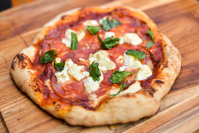 Homemade Pizza with Hot Soppressata, Mozzarella, Ricotta, and Basil ...