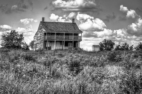 old trees summer chimney sky blackandwhite bw white house black abandoned home overgrown grass wisconsin clouds rural dark landscape lost grey unitedstates decay farm gray overcast gritty structure forgotten porch railing posts bushes 2014 mineralpoint