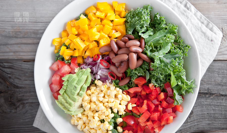 Vegan mexican style salad with beans,sweetcorn,avocado and kale