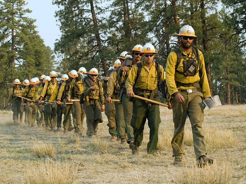 A crew of wildland firefighters begins their trek into a fire. Their specialty is wildfire suppression, but they sometimes perform other work, including search and rescue and disaster response assistance. (U.S. Forest Service)