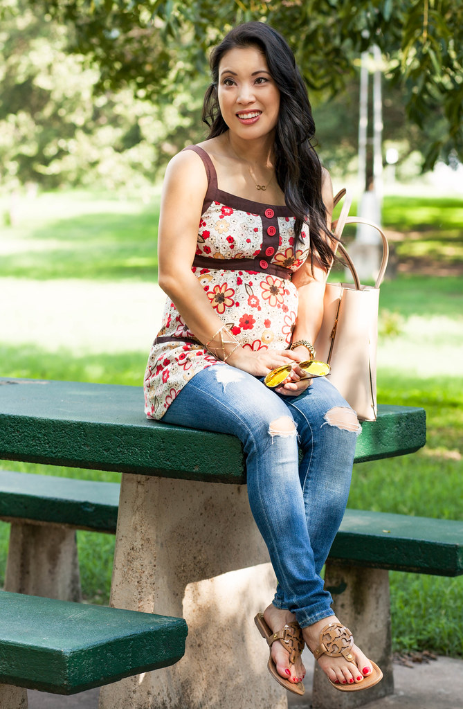 cute & little blog | petite fashion | maternity baby bump second trimester casual summer style | floral strappy tank, ag distressed maternity jeans, tory burch miller sandals, oakley caveat aviators | 22 weeks pregnant