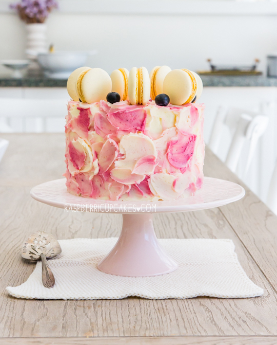 Blueberry Swirl Cake with Lemon Curd Macarons