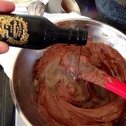 Adding Baileys Chocolat Luxe to double chocolate cheesecake mix. Food. Booze. Miniature.