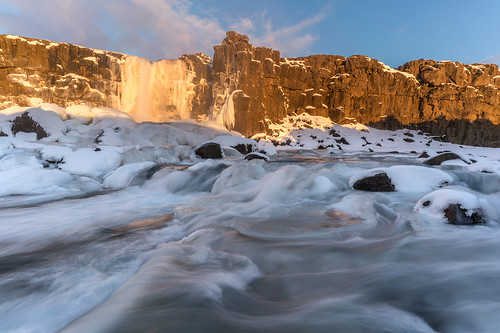 oxararfoss waterfall thingvellir iceland water river snow ice winter dawn sunrise landscape