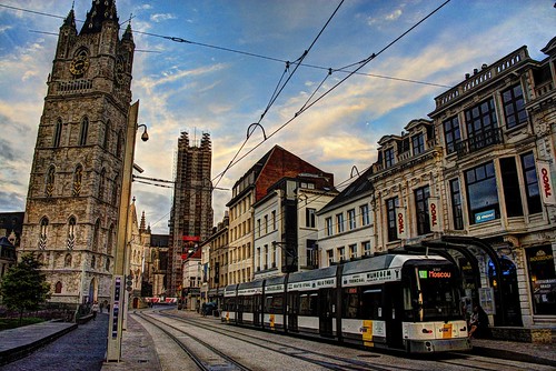 sunset belgium dusk trolley tram transit streetcar ghent gent hdr delijn