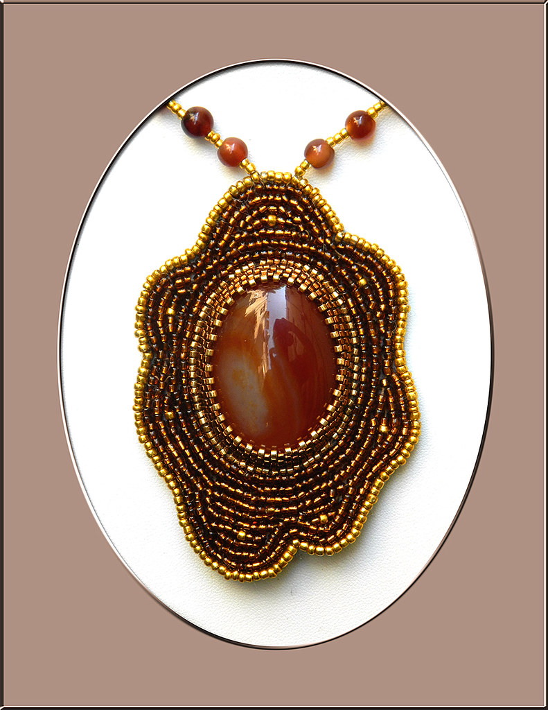 Bead embroidered statement agate necklace