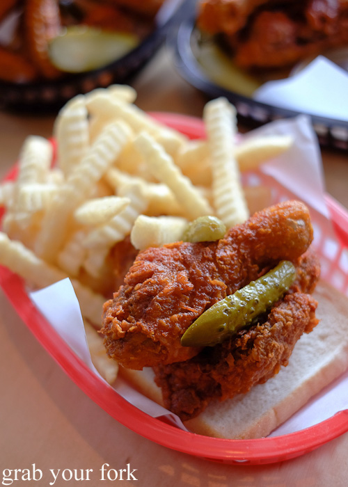 Really f**ckin* hot fried chicken with Old Bay fries at Belle's Hot Chicken, Fitzroy