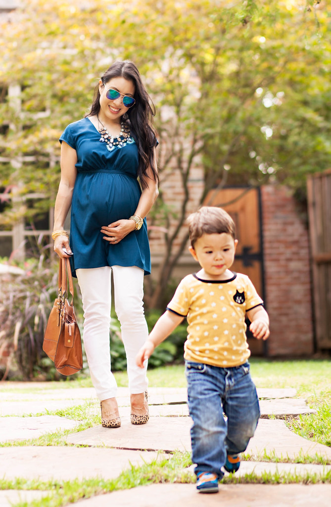 cute & little blog | petite fashion | maternity baby bump pregnant | target liz lange top, white jeans, leopard pumps, bauble bar statement necklace | second trimester 24 weeks